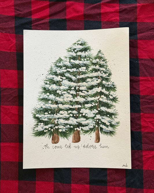 "Oh Come Let Us Adore Him" Snowy Tree Painting