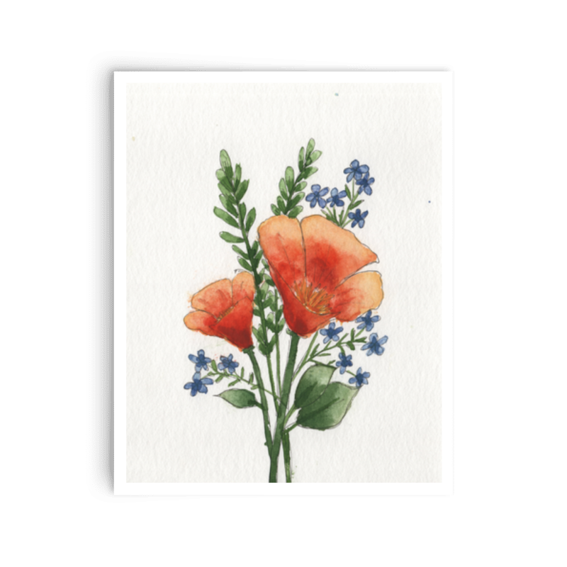 A watercolor-style floral print featuring two orange-red flowers with green leaves and small blue blossoms on a white background with a soft drop shadow.