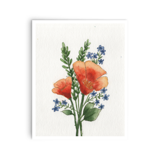 A watercolor-style floral print featuring two orange-red flowers with green leaves and small blue blossoms on a white background with a soft drop shadow.